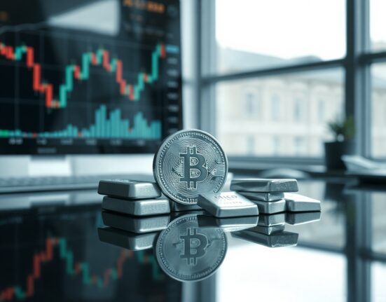 Silver bullion coins and bars on a reflective surface with a blurred trading screen in the background