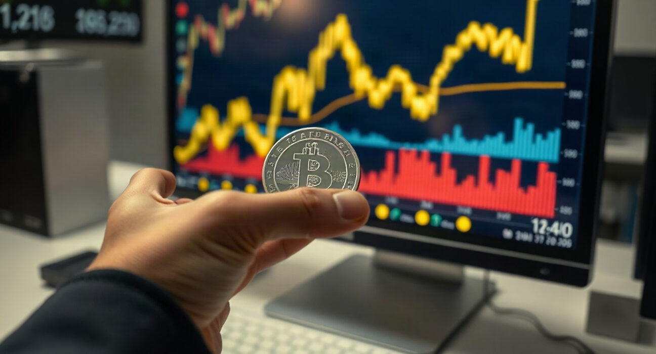 Silver bullion coin in front of a rising price chart on a trading screen.