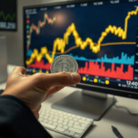 Silver bullion coin in front of a rising price chart on a trading screen.