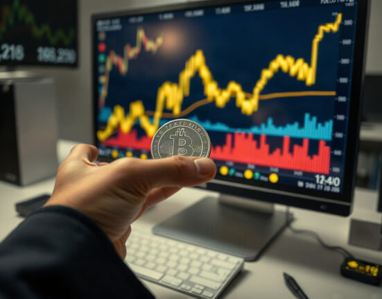 Silver bullion coin in front of a rising price chart on a trading screen.