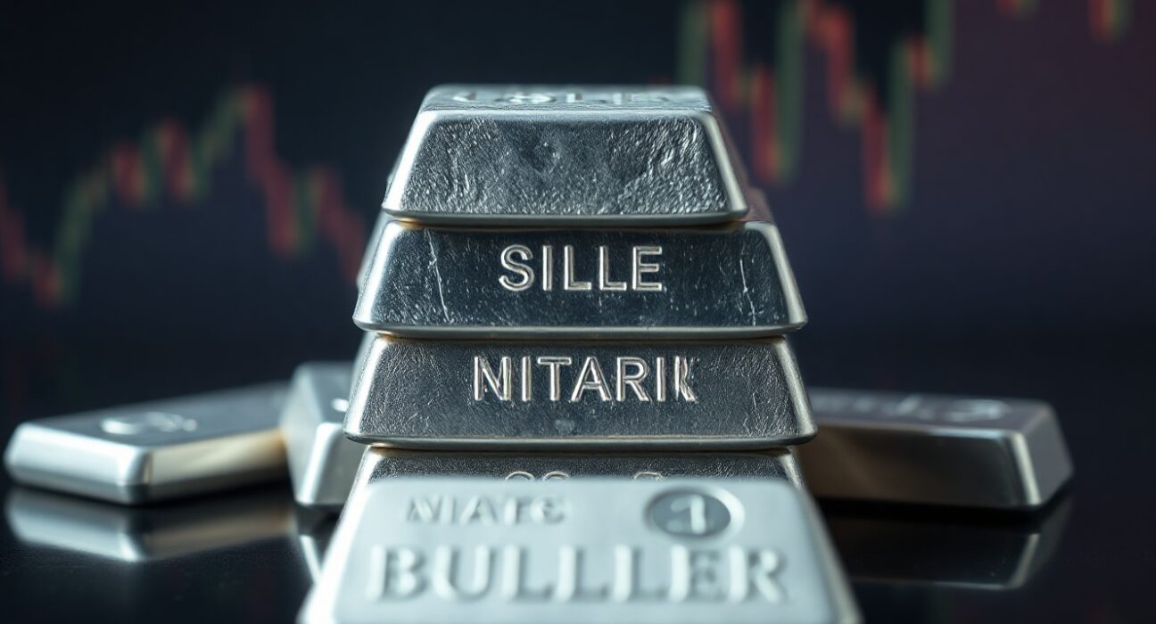 Silver bullion bars stacked on a reflective surface, representing safe-haven demand in the precious metals market.