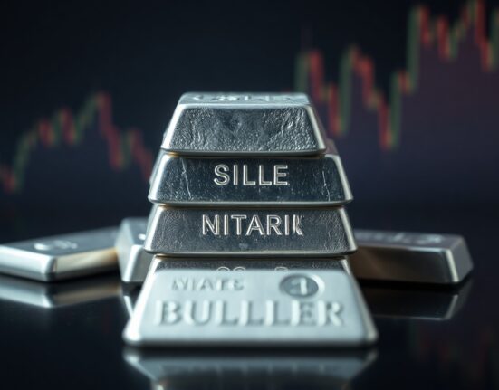Silver bullion bars stacked on a reflective surface, representing safe-haven demand in the precious metals market.