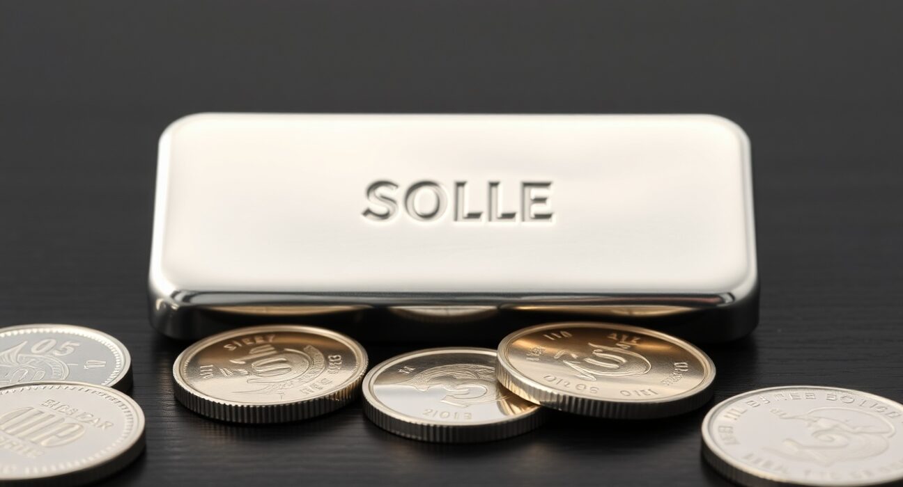 Silver bar and coins on dark surface for precious metals market analysis