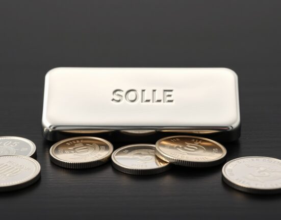 Silver bar and coins on dark surface for precious metals market analysis
