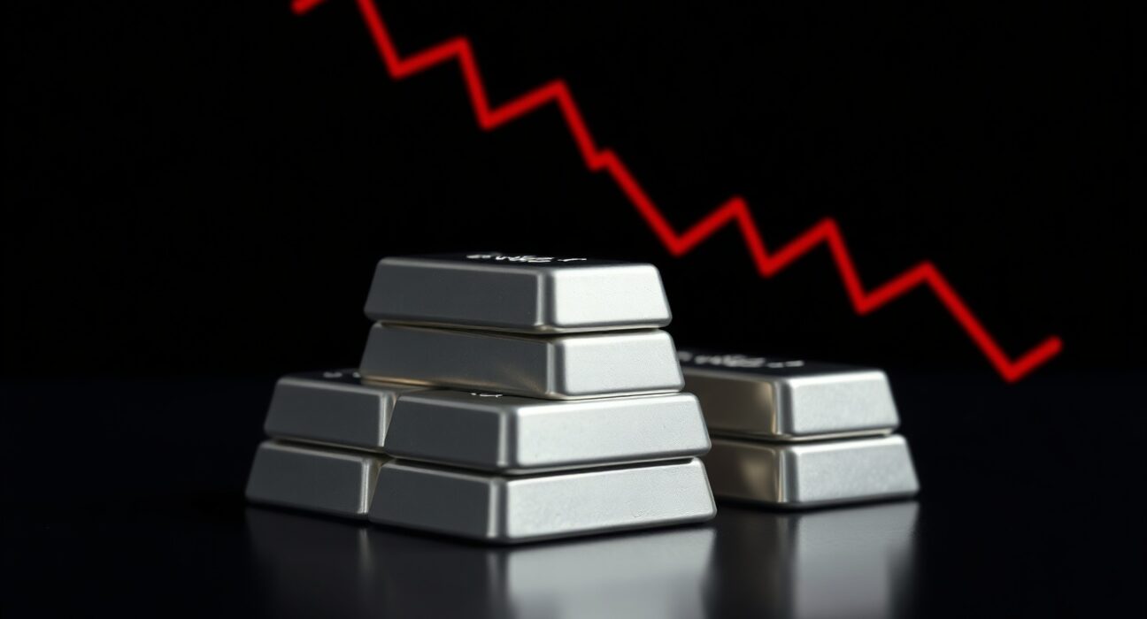 Silver bullion bars on a dark surface with a bearish chart overlay indicating a price downtrend.