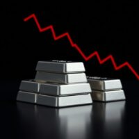 Silver bullion bars on a dark surface with a bearish chart overlay indicating a price downtrend.
