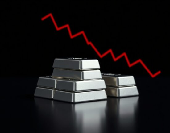 Silver bullion bars on a dark surface with a bearish chart overlay indicating a price downtrend.