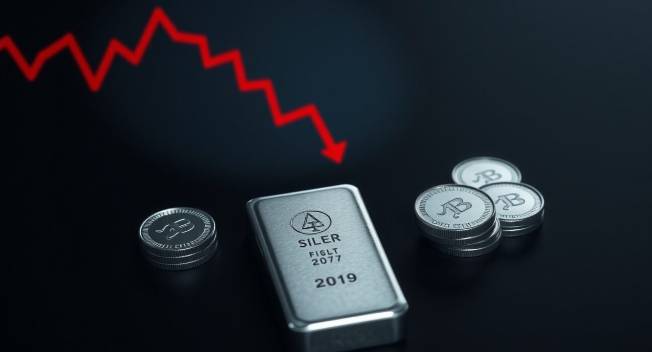 Silver bullion bar and coins with a faint bearish chart line overlay representing a negative price forecast.