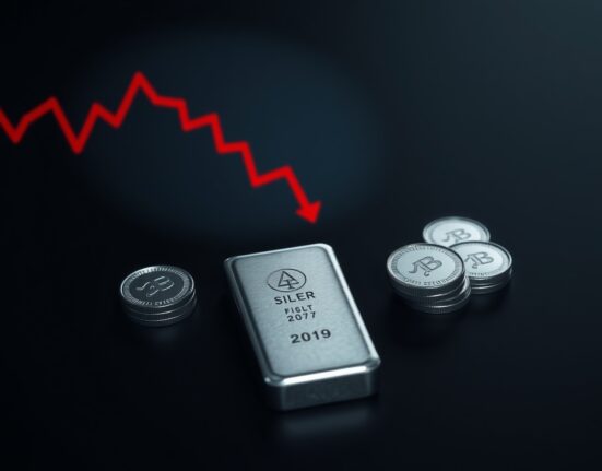 Silver bullion bar and coins with a faint bearish chart line overlay representing a negative price forecast.