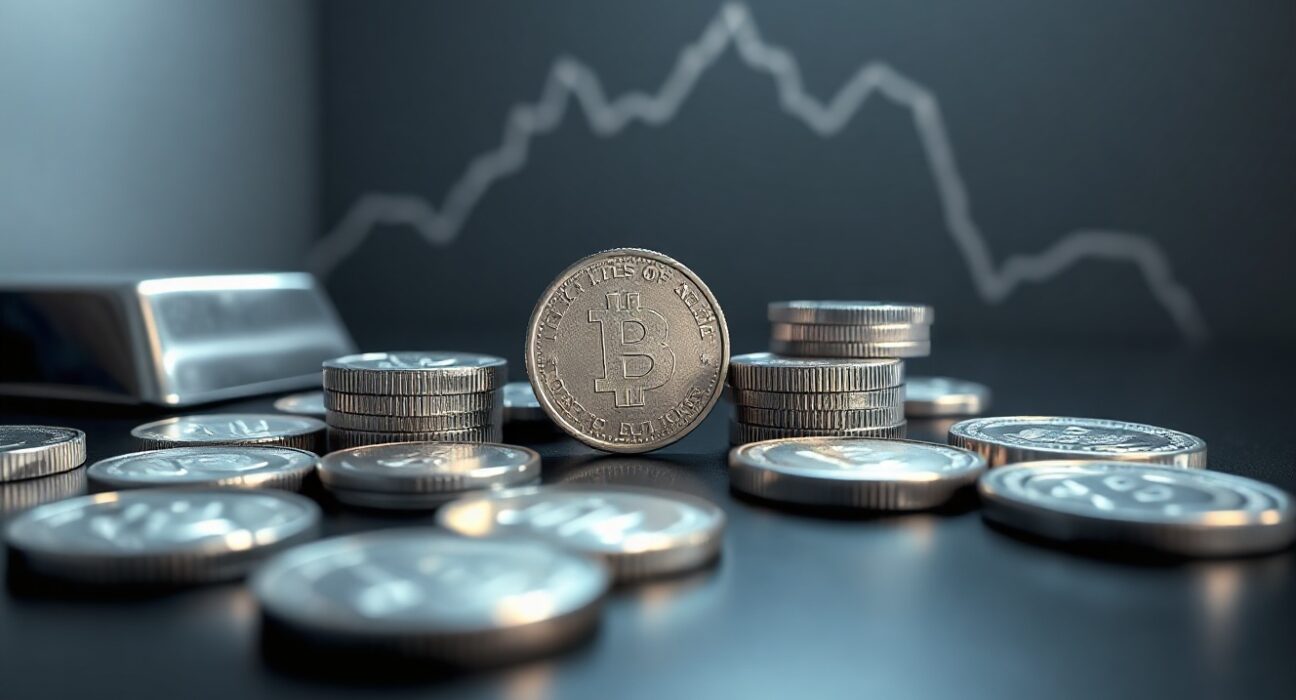 Silver bullion coins and bars on a reflective surface, representing the silver market pullback