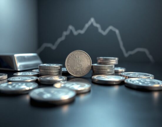 Silver bullion coins and bars on a reflective surface, representing the silver market pullback