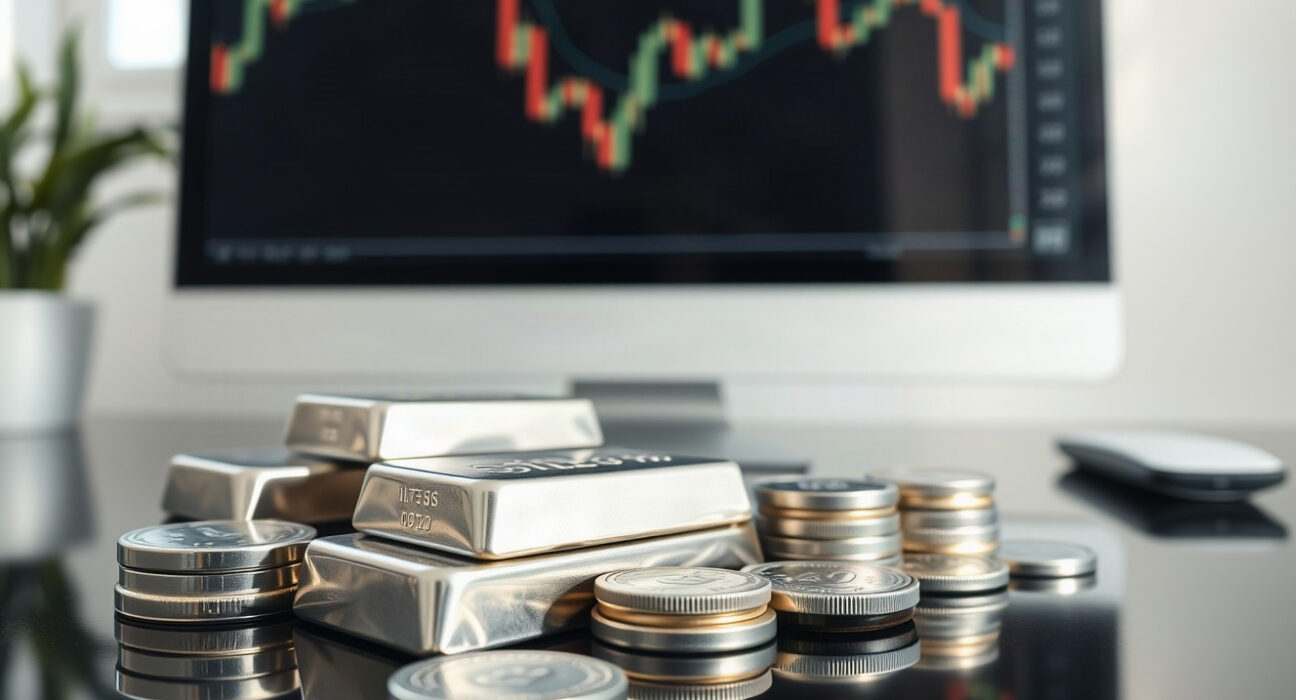 Silver bullion bars and coins on a reflective surface with a candlestick chart in the background