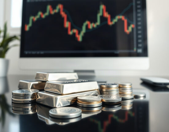 Silver bullion bars and coins on a reflective surface with a candlestick chart in the background