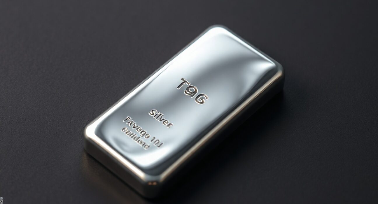 Silver bar on dark surface with soft reflections, representing precious metals market analysis.