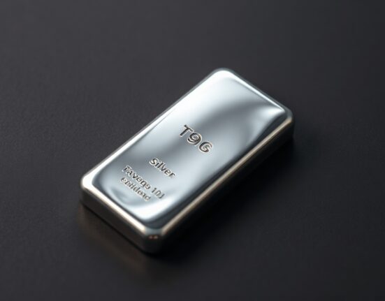 Silver bar on dark surface with soft reflections, representing precious metals market analysis.