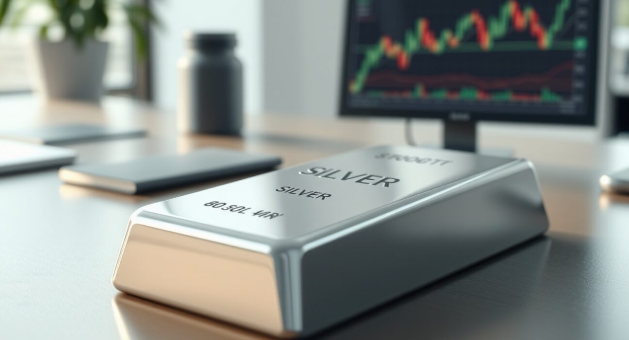 Silver price forecast analysis showing a silver bullion bar on an analyst's desk.