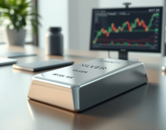 Silver price forecast analysis showing a silver bullion bar on an analyst's desk.
