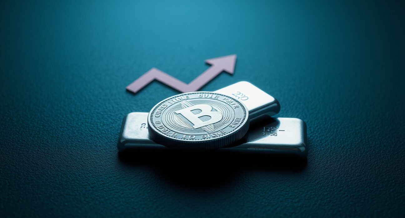Silver bullion coin and bar on dark surface with bearish chart arrow representing price forecast.
