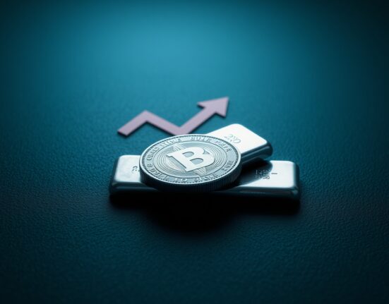 Silver bullion coin and bar on dark surface with bearish chart arrow representing price forecast.
