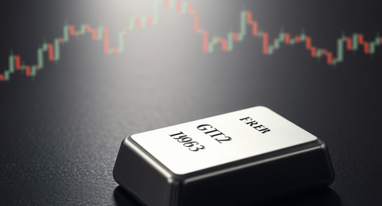 Silver bar on dark wood with soft chart projection, representing silver price forecast analysis