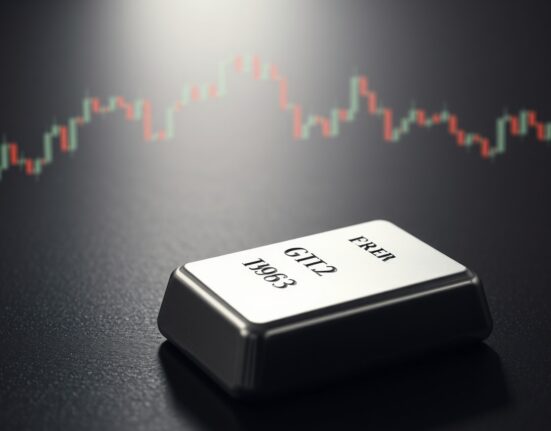 Silver bar on dark wood with soft chart projection, representing silver price forecast analysis