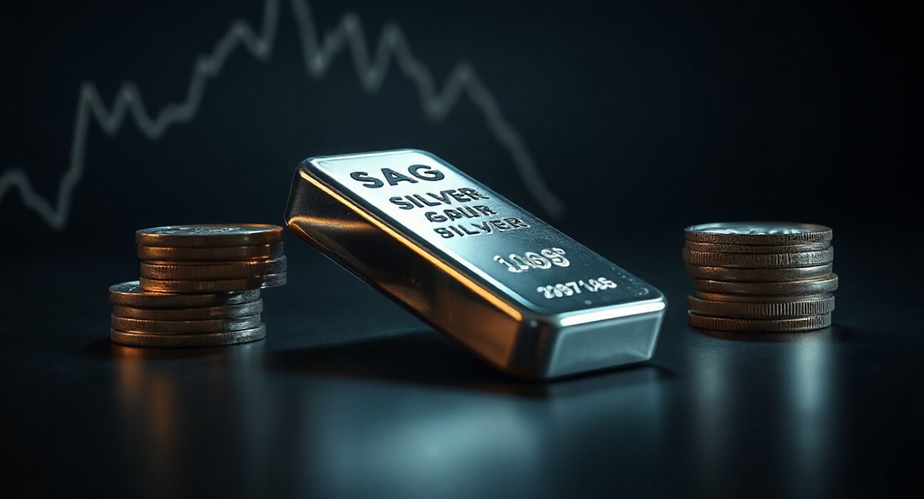 Silver bars and coins on a dark surface with a subtle downward chart line overlay, representing silver price analysis and market risk.