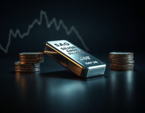 Silver bars and coins on a dark surface with a subtle downward chart line overlay, representing silver price analysis and market risk.
