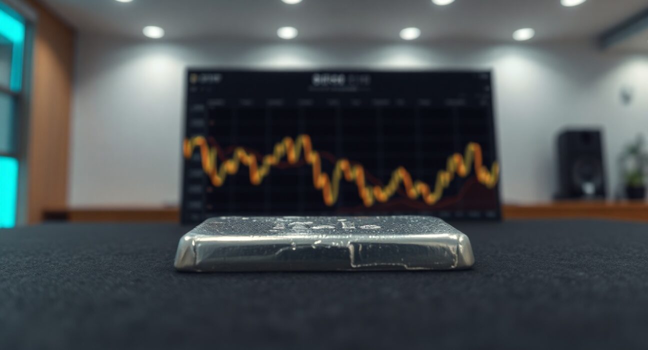 Silver bullion bar on a trading desk with a faint downward trend chart overlay, representing the silver price forecast.