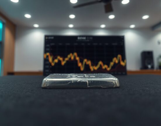 Silver bullion bar on a trading desk with a faint downward trend chart overlay, representing the silver price forecast.