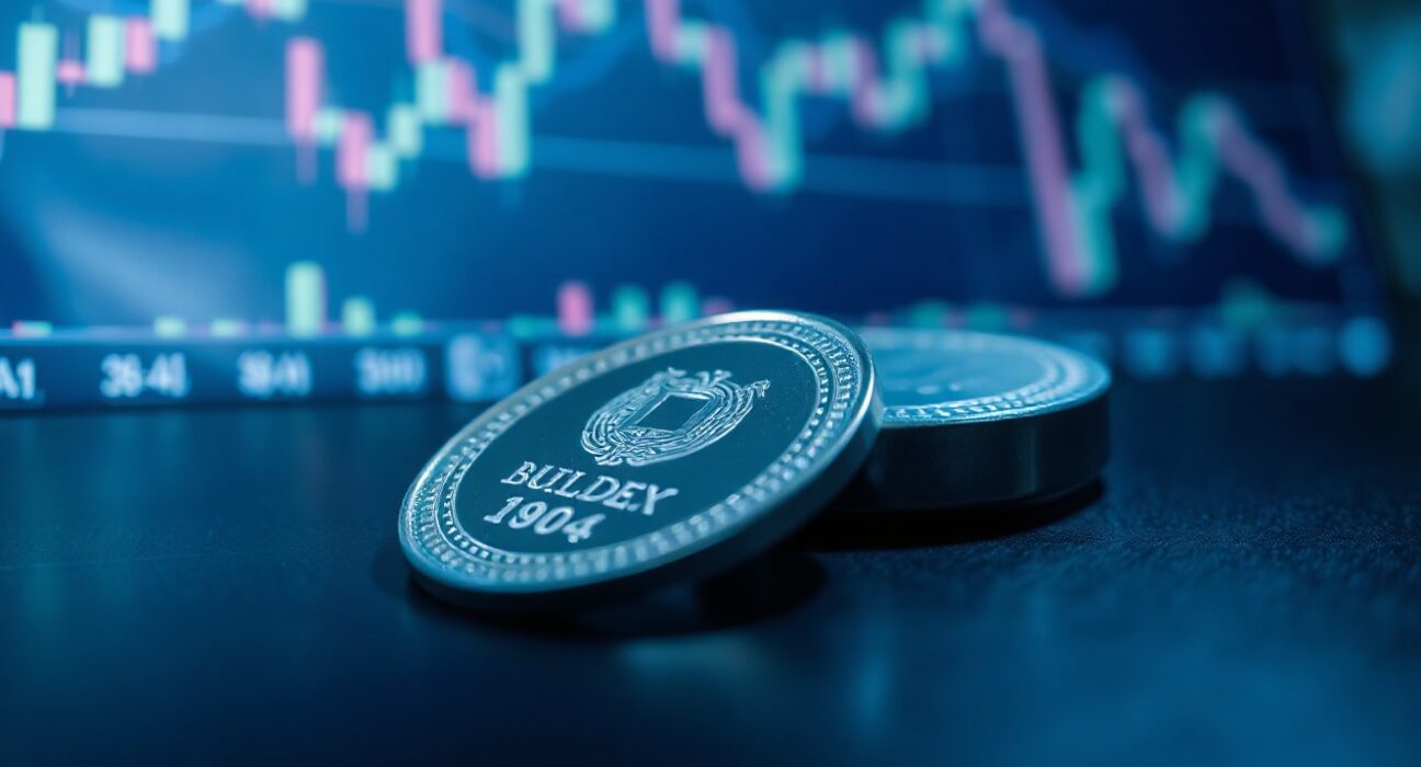 Silver bullion coins and bar on reflective surface with blurred trading charts in background