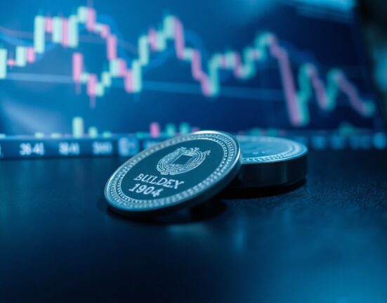 Silver bullion coins and bar on reflective surface with blurred trading charts in background