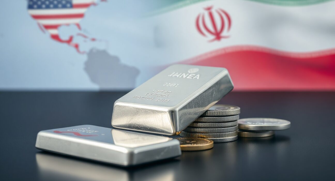 Silver bars and coins with a subtle global backdrop representing geopolitical market influences