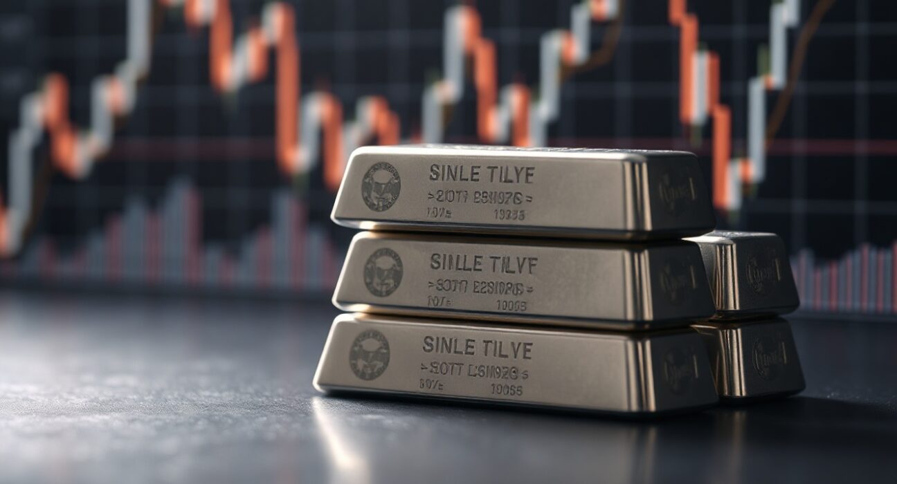 Silver bullion bars on a dark surface with a subtle price chart in the background, representing silver market analysis.