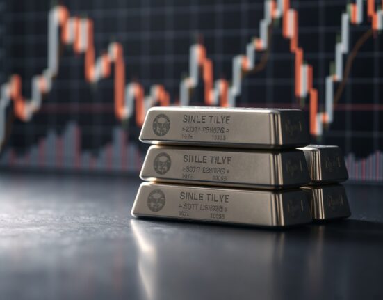 Silver bullion bars on a dark surface with a subtle price chart in the background, representing silver market analysis.