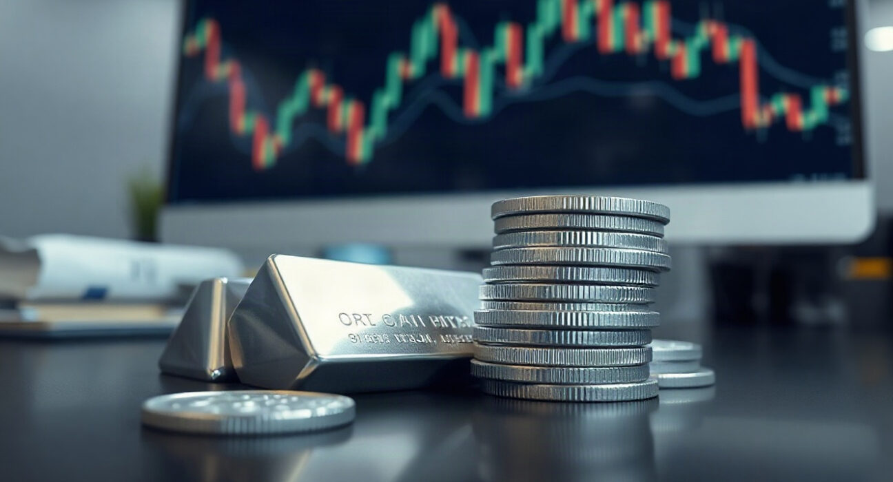 Silver bullion coins and bars with a financial chart in the background, representing the silver price forecast.