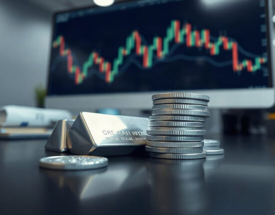 Silver bullion coins and bars with a financial chart in the background, representing the silver price forecast.