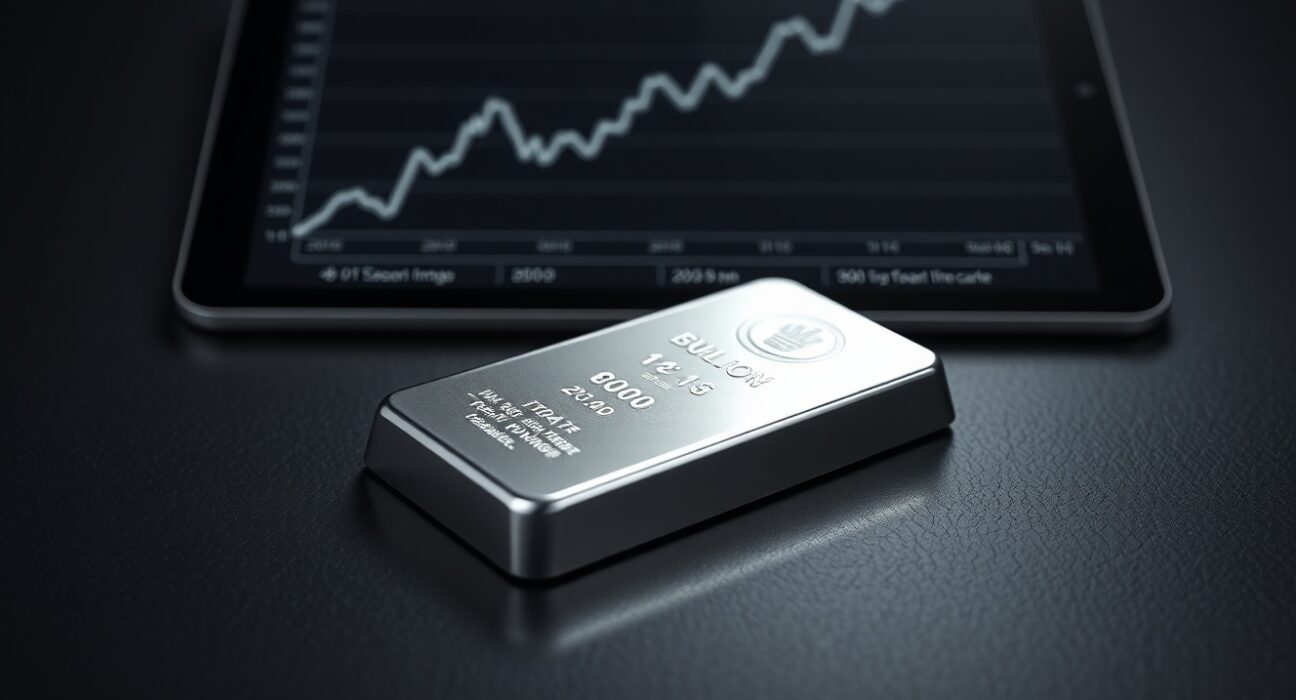 Silver bullion bar with price chart reflecting the surge in XAG/USD above $70.