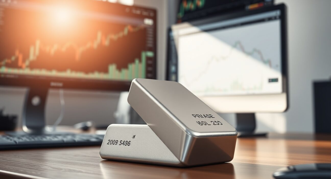 Silver bullion bar on a trading desk representing the XAG/USD price analysis and forecast.