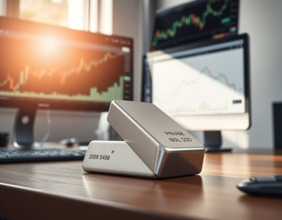 Silver bullion bar on a trading desk representing the XAG/USD price analysis and forecast.