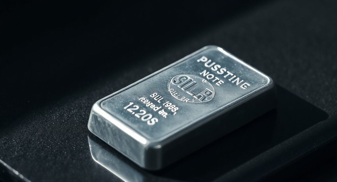 Close-up of a polished silver bar on a dark surface with soft side lighting