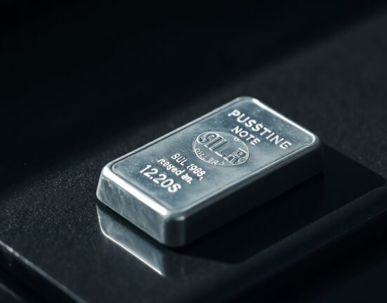 Close-up of a polished silver bar on a dark surface with soft side lighting