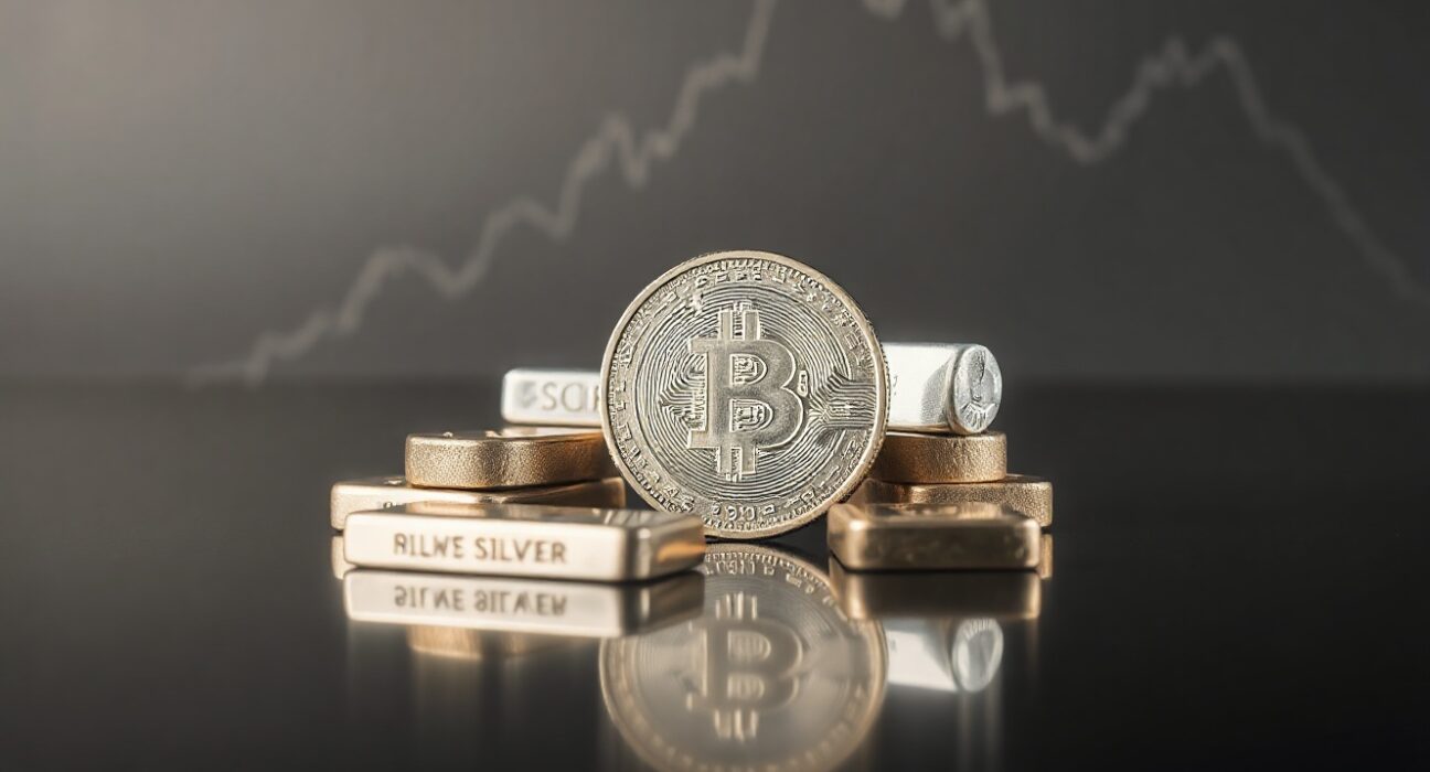 Silver bullion coins and bars on reflective surface, symbolizing the recent price surge above $60.