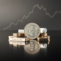 Silver bullion coins and bars on reflective surface, symbolizing the recent price surge above $60.