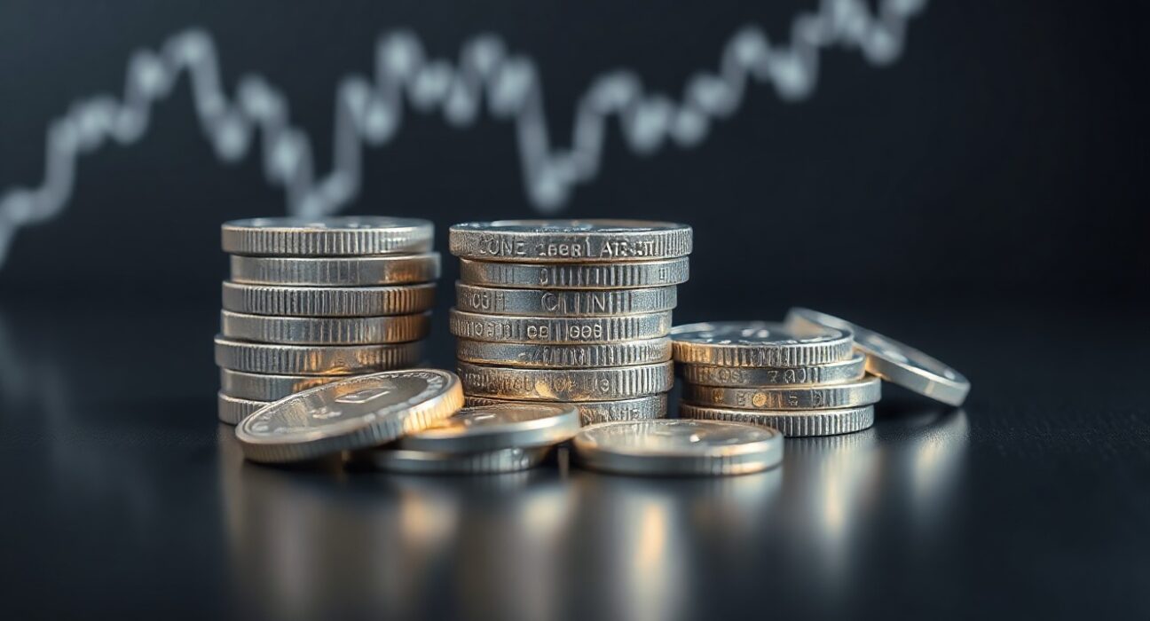 Silver bullion coins and bars with a soft-focus price chart in the background