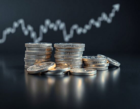 Silver bullion coins and bars with a soft-focus price chart in the background