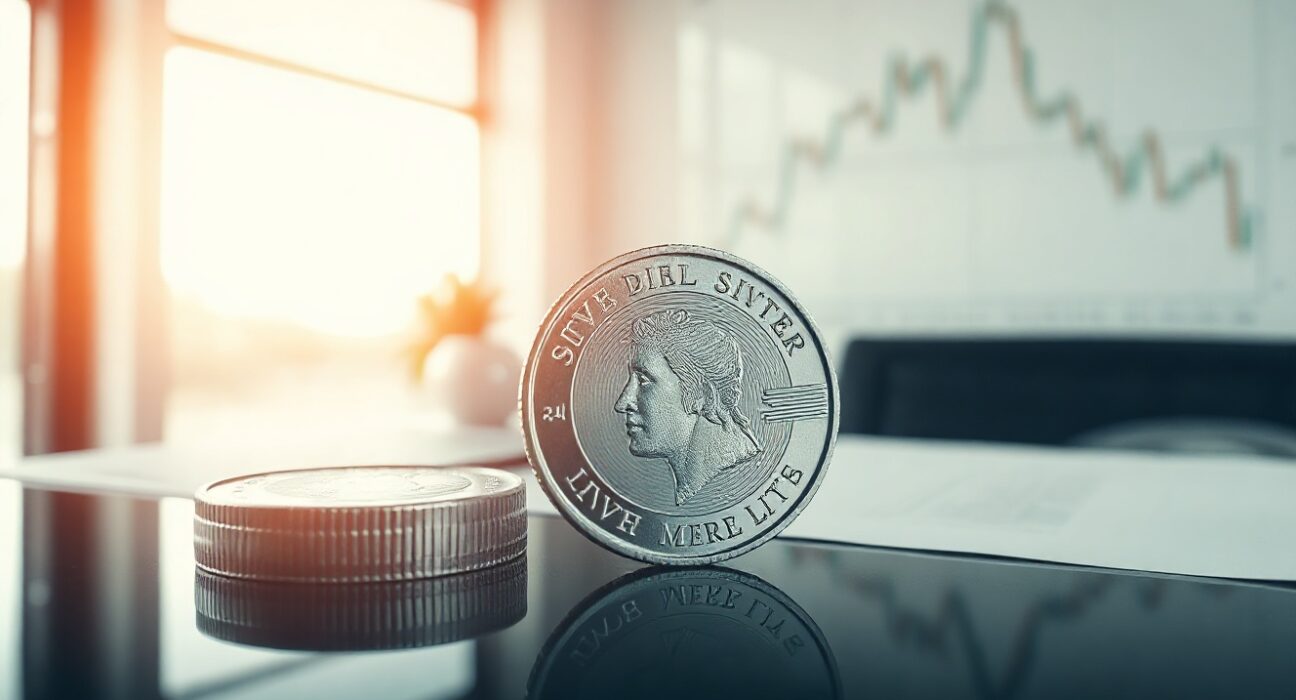 Silver bullion coin on reflective surface with a blurred financial chart in the background.