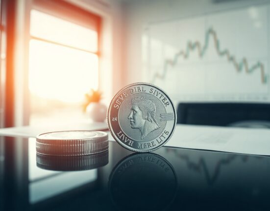 Silver bullion coin on reflective surface with a blurred financial chart in the background.