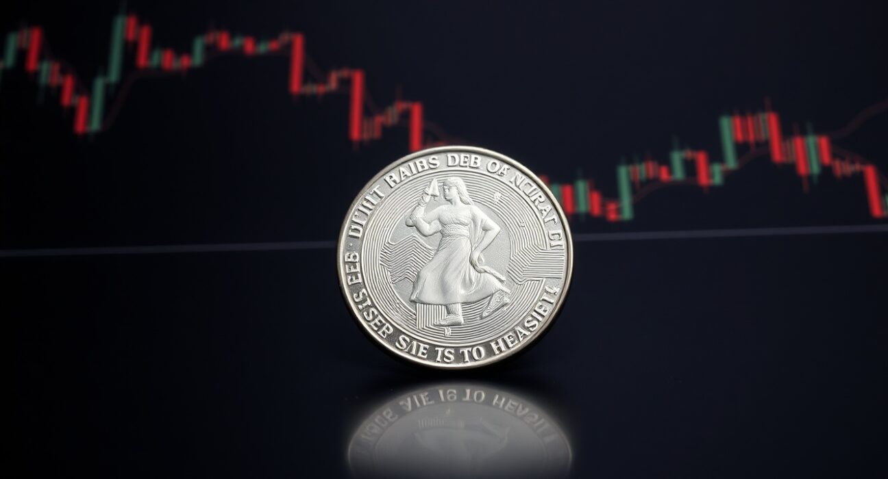Silver bullion coin on reflective surface with bearish chart overlay, representing XAG/USD price forecast.