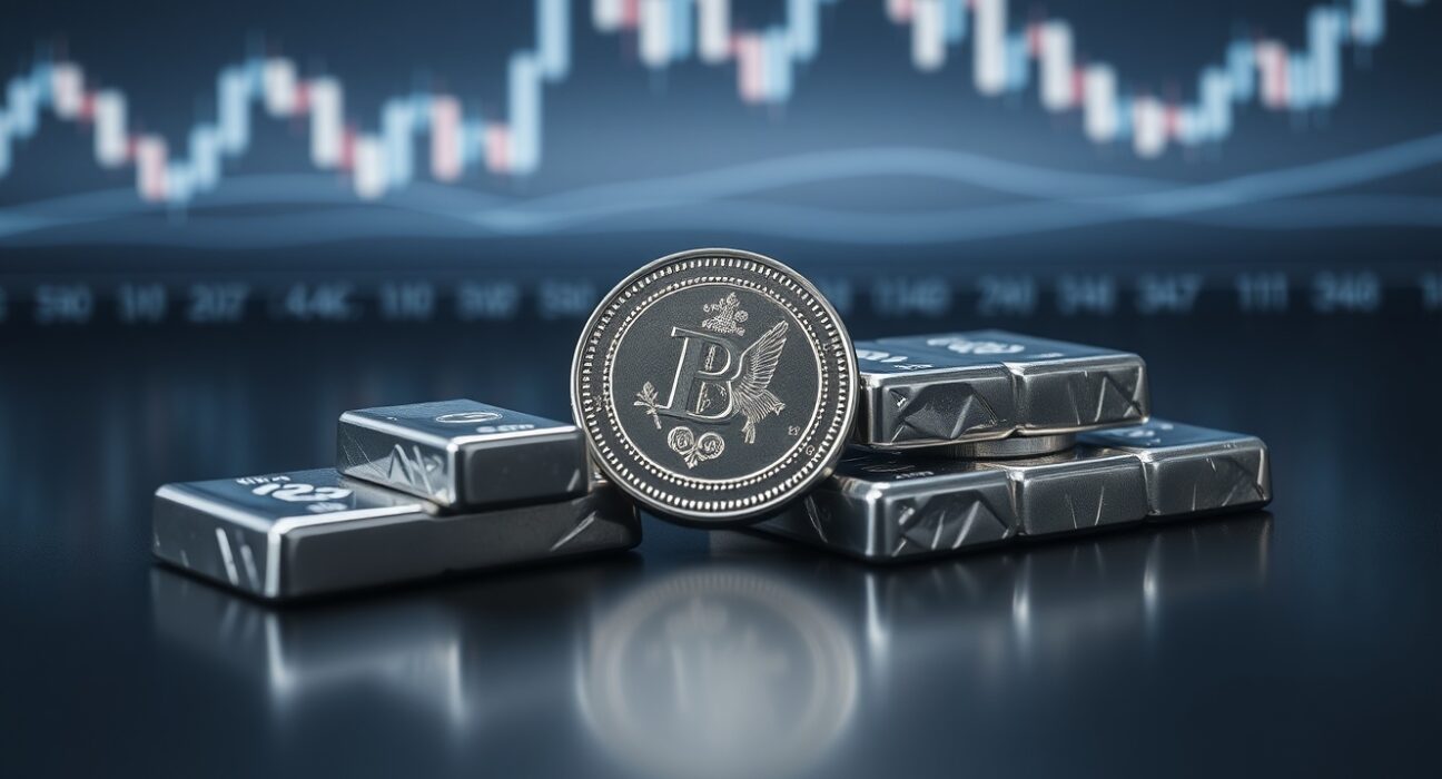 Silver bullion coins and bars on a reflective surface with a financial chart in the background.