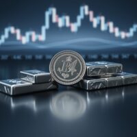 Silver bullion coins and bars on a reflective surface with a financial chart in the background.